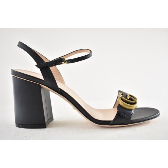 Gucci Marmont Black Leather Gold GG Logo Block Heel Ankle Strap Pump Sandal 40 - Picture 2 of 13